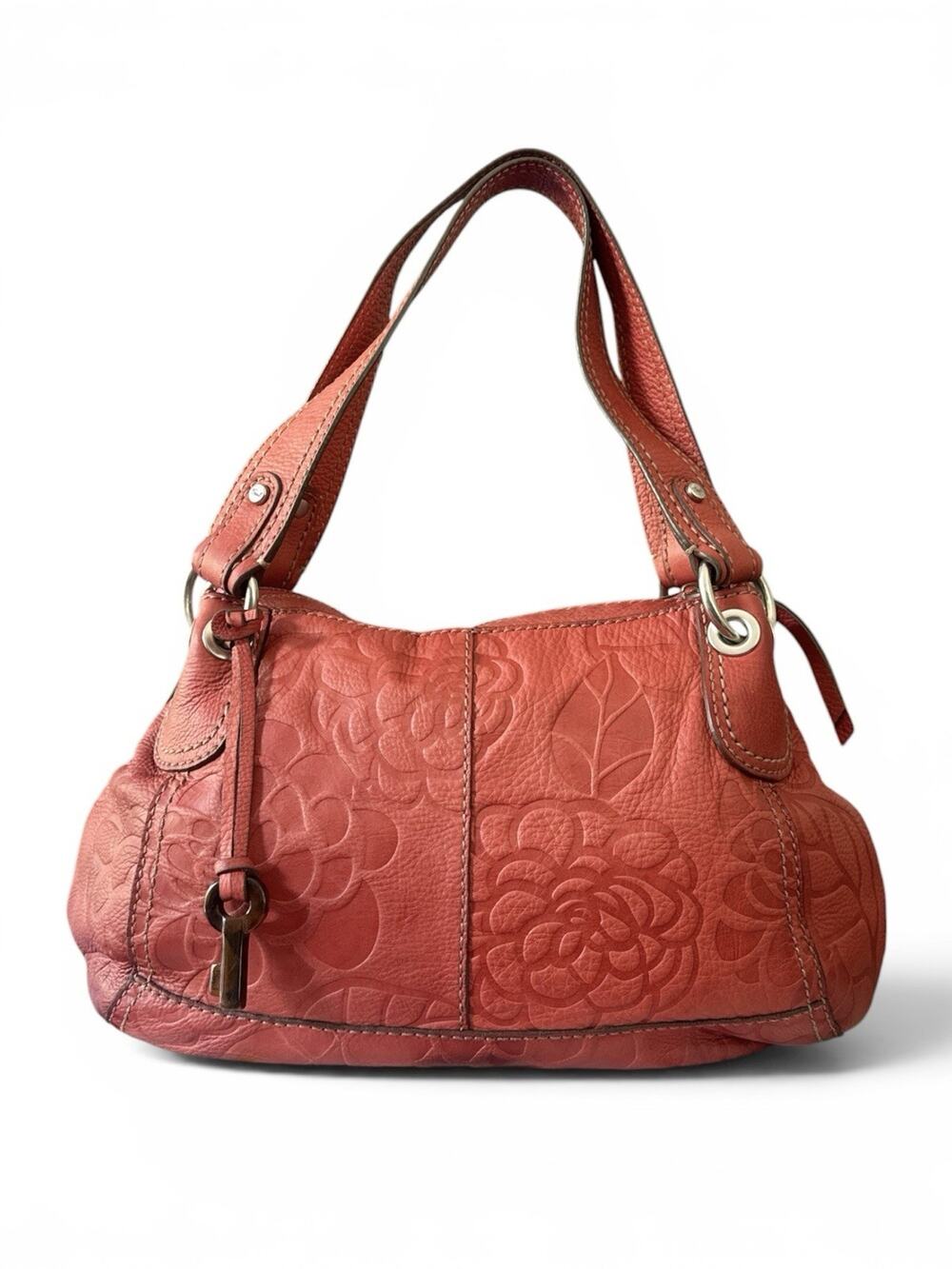 Fossil Shoulder Bag Coral Embossed Floral Double Handle Tortoise Key Charm EUC